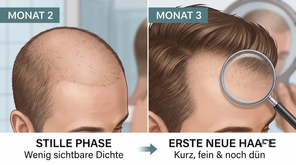 Haartransplantation Wachstum Zeitplan: Monat 2 mit geringer sichtbarer Dichte und Monat 3 mit ersten feinen neuen Haaren