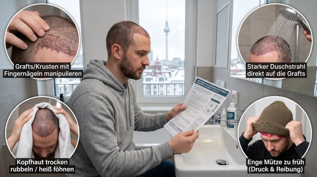 Haare waschen nach Haartransplantation: Infografik zeigt Fehler wie Kratzen, starken Duschstrahl, Rubbeln und eine enge Mütze.