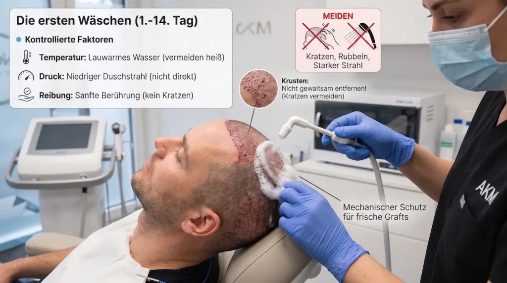 Haare waschen nach Haartransplantation: Fachkraft reinigt die Empfängerzone sanft mit Schaum und niedrigem Wasserdruck.