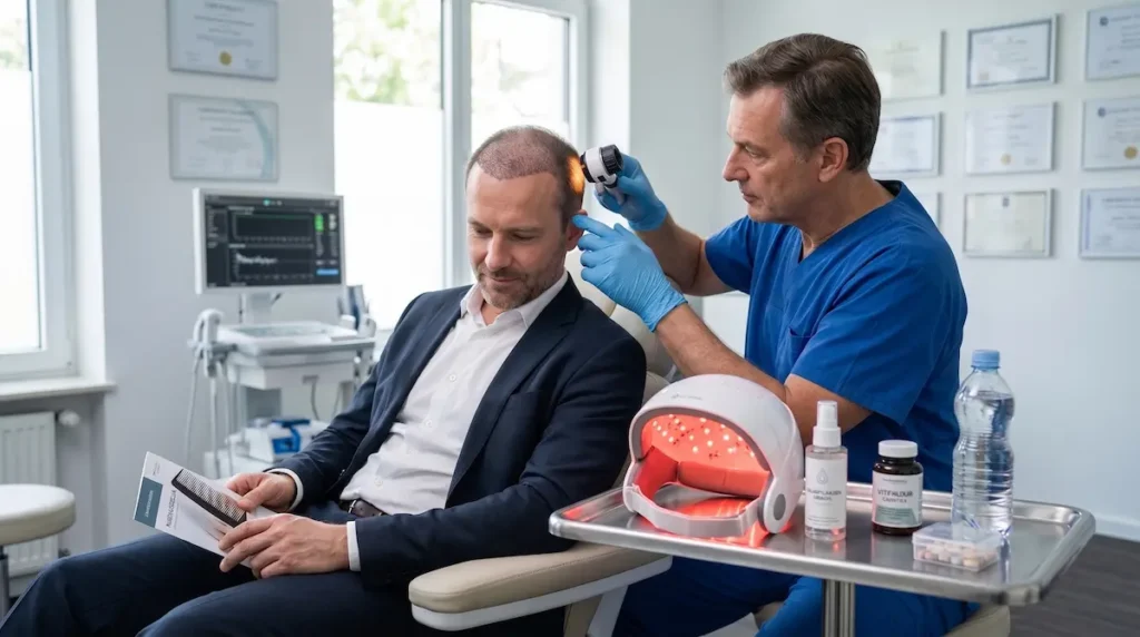 Haartransplantation Wachstum Zeitplan mit ärztlicher Kontrolle und unterstützender LLLT-Nachsorge nach dem Eingriff