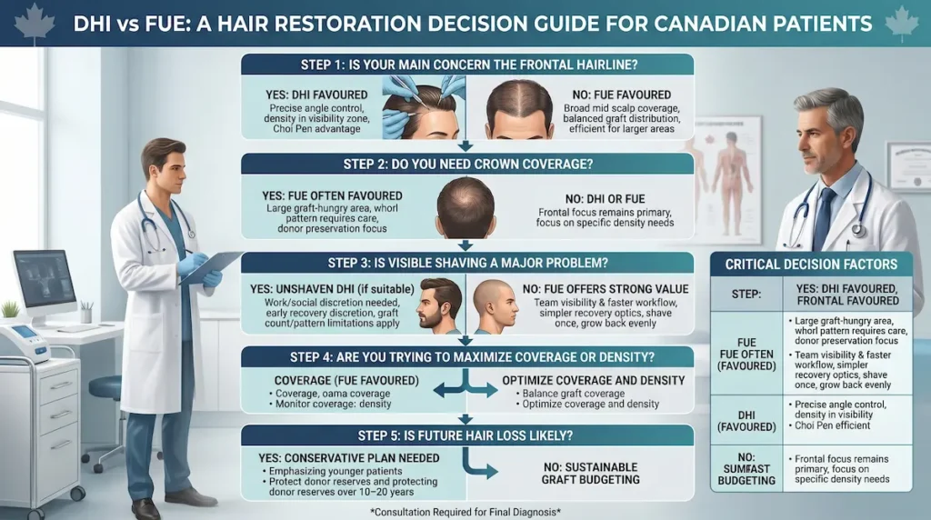 DHI vs FUE hair transplant decision tree showing frontal hairline, crown coverage, shaving, density, and future hair loss factors.