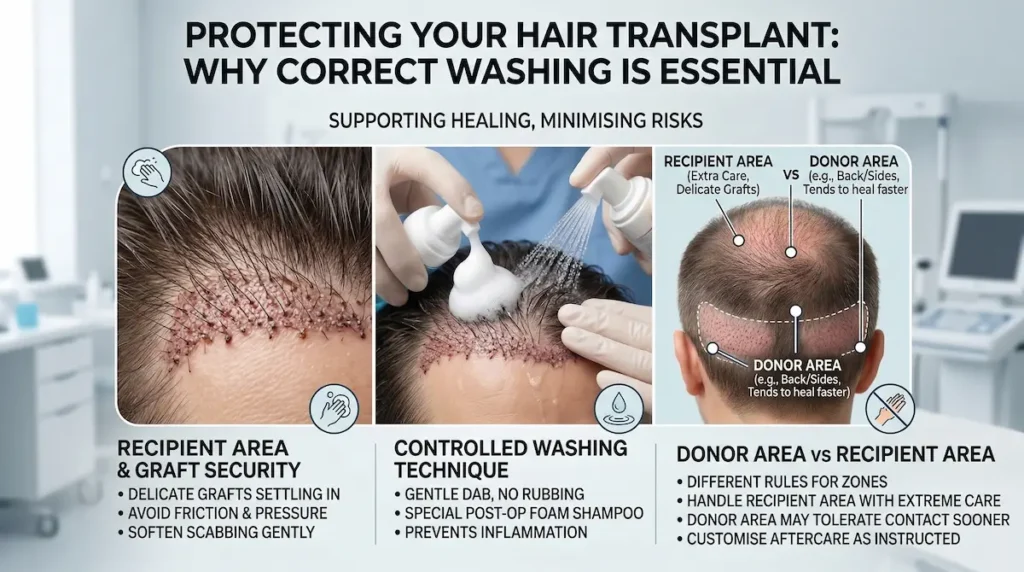 Wash hair after transplant infographic showing recipient vs donor areas and a gentle foam rinse technique to protect grafts.