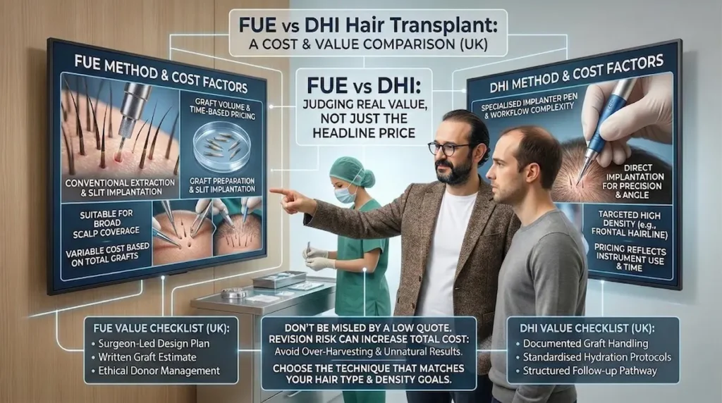 Hair transplant cost UK infographic showing FUE vs DHI workflow, graft handling, and value checklists during a surgeon consultation.