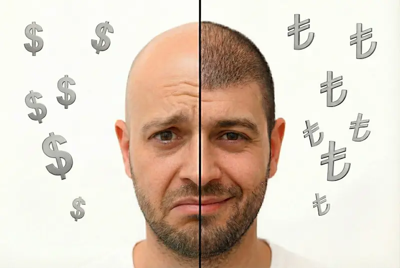 Split image of a man’s head showing bald scalp on the left with a dollar sign and dense transplanted hair on the right with a Turkish lira sign, visualizing hair transplant cost USA vs Turkey.
