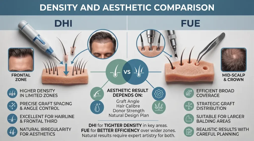 DHI vs FUE hair transplant density comparison showing DHI for frontal zones and FUE for mid scalp and crown coverage.