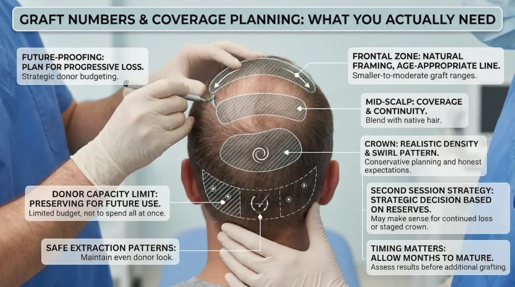 DHI vs FUE Hair Transplant graft planning graphic showing zone coverage, donor limits, crown swirl and staged sessions.