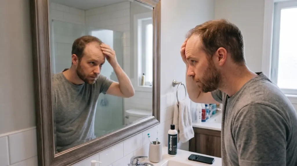 Man checking thinning hair in a mirror during the hair transplant growth timeline, representing month 1 to 3 shock loss and dormancy.