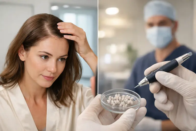 Hair Transplant For Women consultation showing scalp thinning assessment and prepared grafts in a sterile clinical setting.
