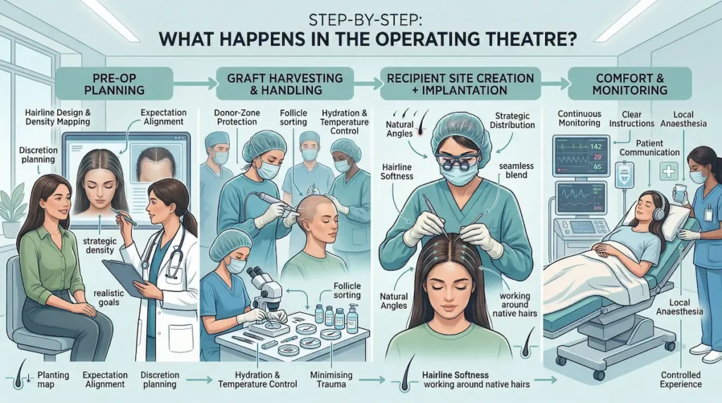 Hair Transplant For Women step-by-step infographic showing pre-op planning, graft harvesting, implantation, and comfort monitoring in the operating theatre.