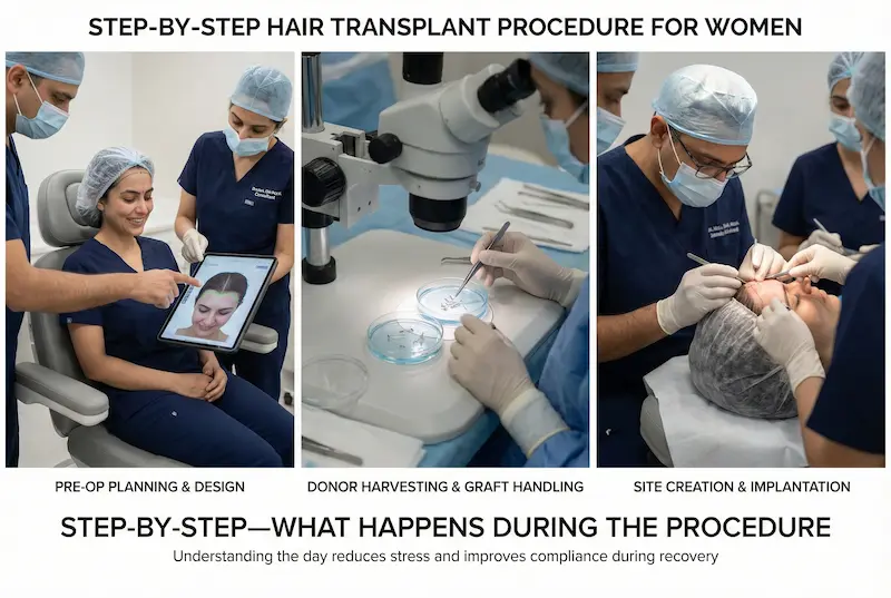 Hair Transplant For Women step-by-step infographic showing pre-op planning, donor harvesting and graft handling, and site creation with implantation.