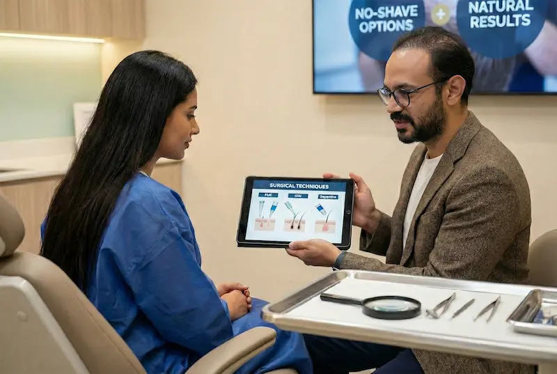 Hair Transplant For Women surgical techniques explained during consultation, showing FUE, DHI, and Sapphire options.
