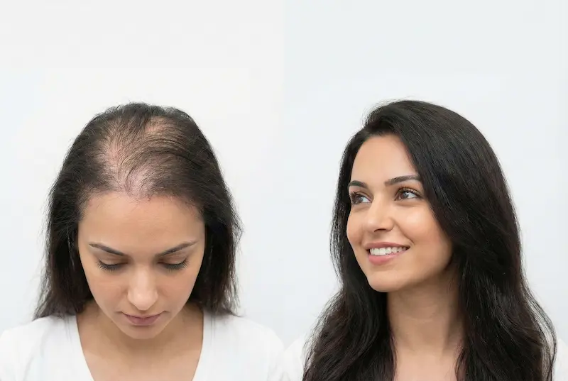 Haartransplantation für Frauen: Frau mit lichtem Scheitel (links) und mit vollem, langem Haar (rechts)