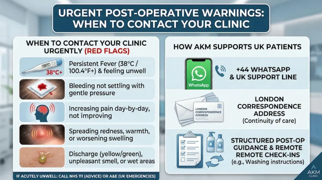 Wash hair after transplant safely and recognise red flags such as fever, bleeding, discharge, or spreading redness, with AKM UK support options.