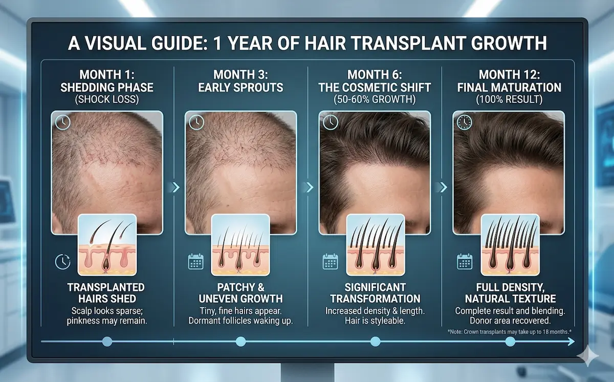 nfographic showing the 1-year growth process after a hair transplant. The visual details Month 1 (Shock Loss), Month 3 (Early Sprouts), Month 6 (Significant Transformation), and Month 12 (Full Result) stages with scalp photos and hair follicle illustrations, displayed on a monitor in a clinical setting.