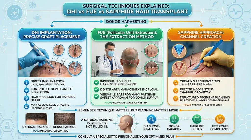 DHI Hair Transplant comparison infographic showing DHI vs FUE vs Sapphire techniques, donor harvesting, and implantation planning.