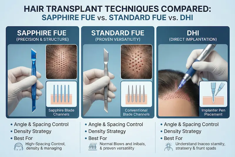 Hair transplant techniques comparison infographic showing Sapphire Hair Transplant vs DHI vs standard FUE, highlighting sapphire blade channels and implanter pen placement.