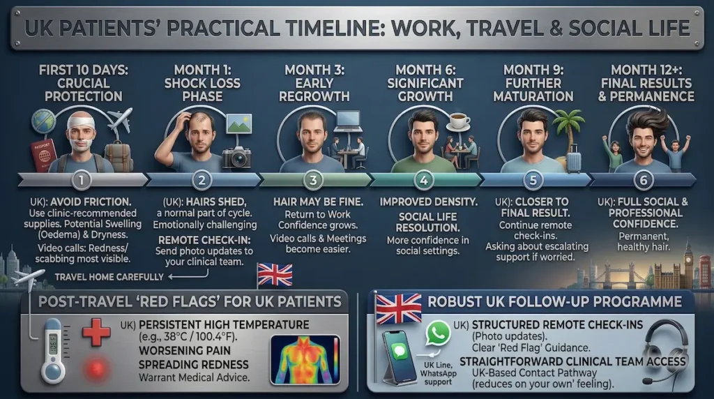 Hair Transplant Growth Timeline graphic for UK patients showing work, travel and social milestones plus red flags and follow up guidance.