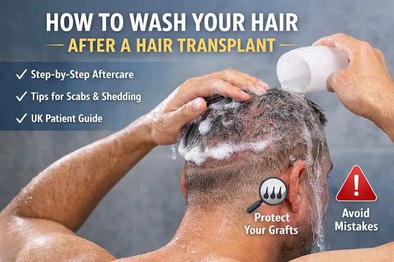 Wash hair after transplant safely using a gentle pouring rinse and foam to protect grafts and minimise irritation during aftercare.