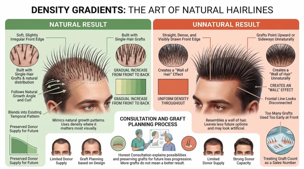 Infographic comparing natural hairline design with soft density gradients against an unnatural dense transplant result.