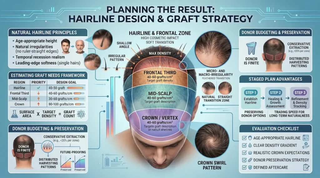 FUE hair transplant hairline design and graft strategy infographic showing frontal, mid-scalp, crown planning, donor budgeting, and density targets.