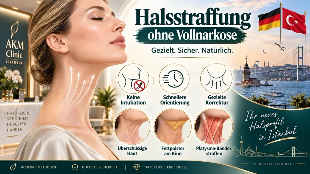 Halsstraffung in der Türkei ohne Vollnarkose: Infografik zu Haut, Fett, Platysma, gezielter Korrektur und Erholung.