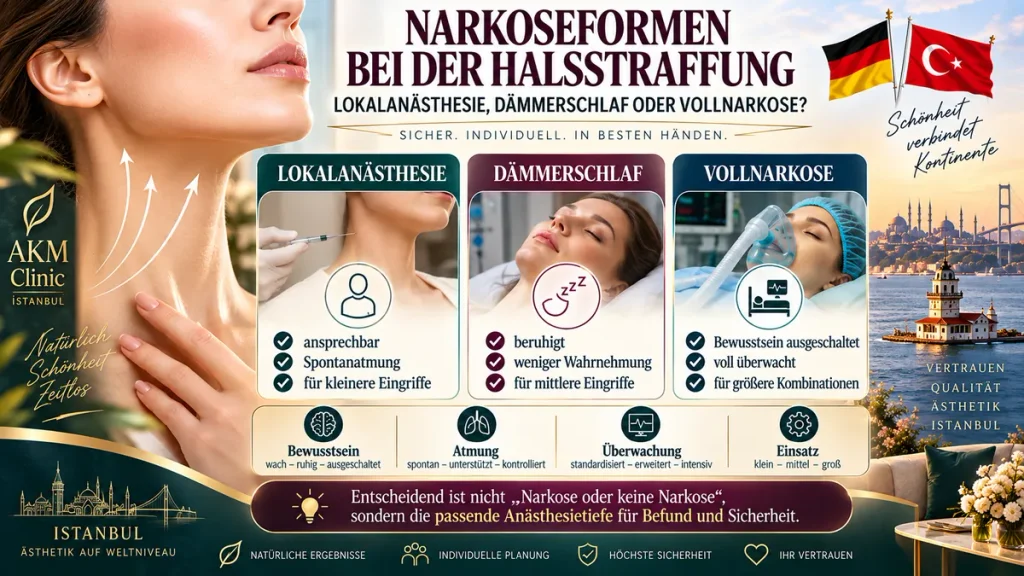 Halsstraffung in der Türkei ohne Vollnarkose: Infografik zu Lokalanästhesie, Dämmerschlaf und Vollnarkose bei Halsoperationen.