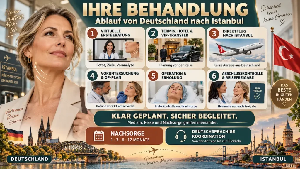 Halsstraffung Türkei: Infografik zum Behandlungsablauf von der Beratung in Deutschland bis zur Operation, Nachsorge und Rückreise aus Istanbul.