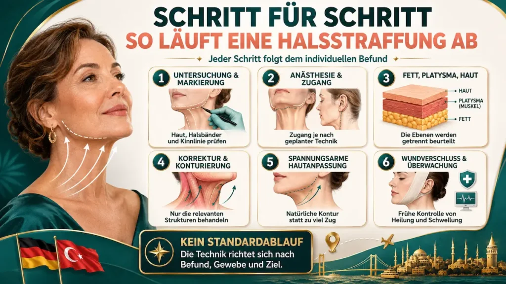 Halsstraffung Türkei: Infografik zum Ablauf mit Untersuchung, Anästhesie, Gewebekorrektur, Hautanpassung und Wundverschluss.