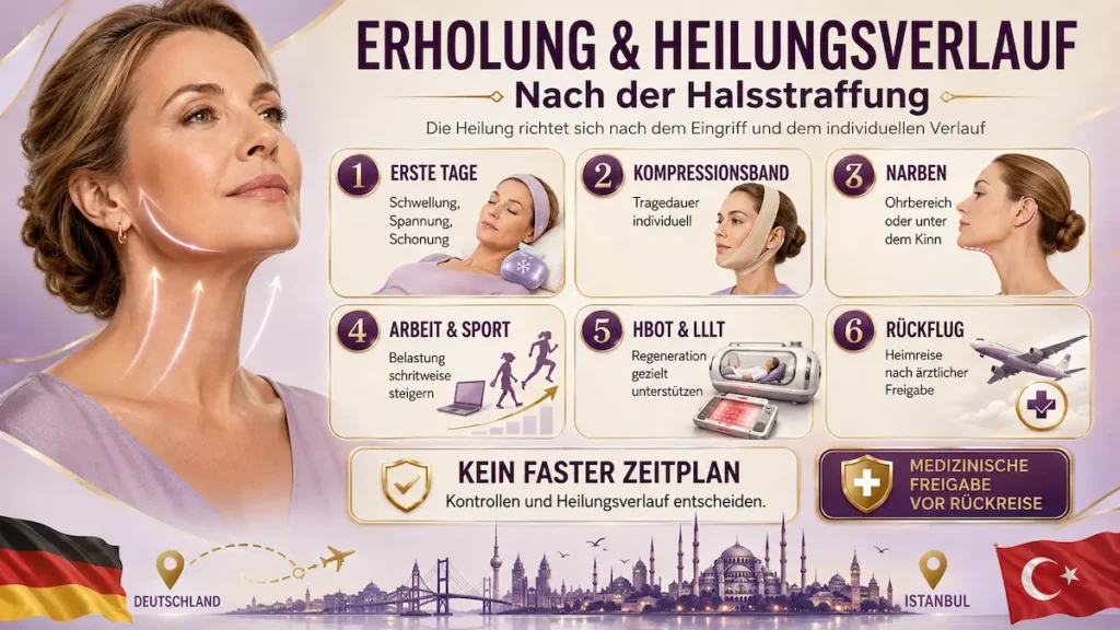 Halsstraffung Türkei: Infografik zu Heilungsverlauf, Schwellung, Kompressionsband, Narben, HBOT, LLLT und Rückflug nach der OP.