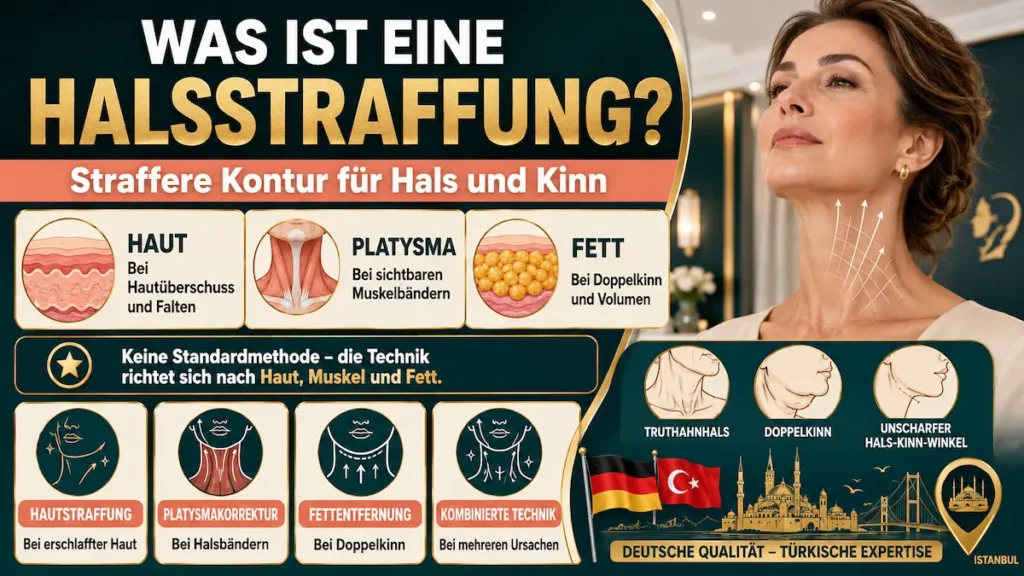 Halsstraffung Türkei: Infografik zu Haut, Platysma und Fett bei Truthahnhals, Doppelkinn und unscharfem Hals-Kinn-Winkel.