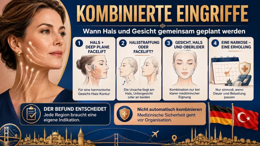 Halsstraffung Türkei: Infografik zu kombinierten Eingriffen an Hals und Gesicht mit Deep Plane Facelift und Oberlidstraffung.