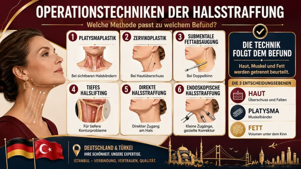 Halsstraffung Türkei: Infografik zu Platysmaplastik, Zervikoplastik, Fettabsaugung, Deep Neck Lift und endoskopischer Halsstraffung.