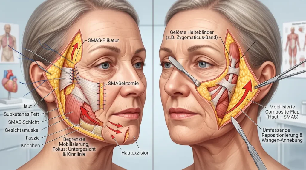 SMAS oder Deep Plane Facelift: Anatomischer Vergleich von SMAS-Plikatur, Haltebändern und tiefer Gewebemobilisierung.