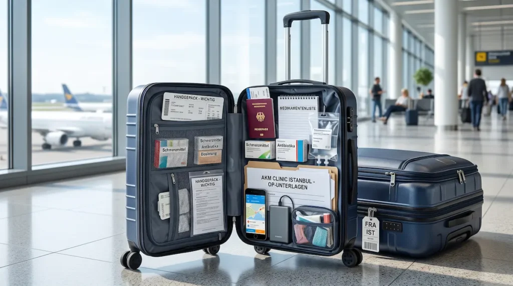 OP Reise Checkliste mit Handgepäck, Reisepass, Medikamentenliste und medizinischen Unterlagen für die Rückreise nach der Operation.
