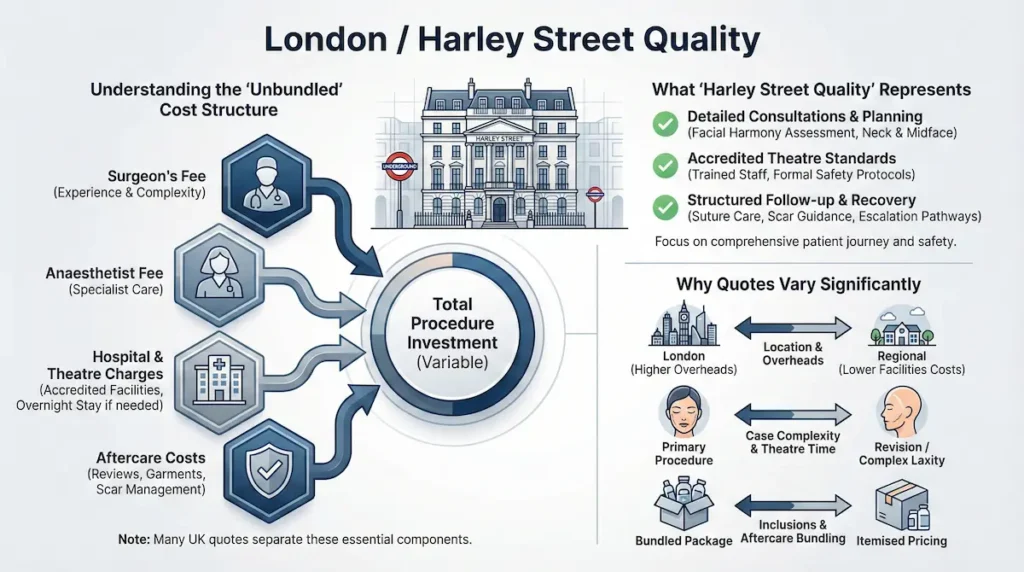 Deep plane facelift cost infographic explaining UK unbundled pricing, including surgeon’s fee, anaesthetist fee, hospital and theatre charges, and aftercare costs in London.