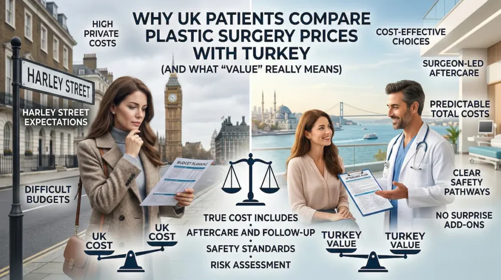 Plastic surgery costs Turkey visual showing UK vs Turkey value factors: predictable total costs, surgeon-led planning, and aftercare.