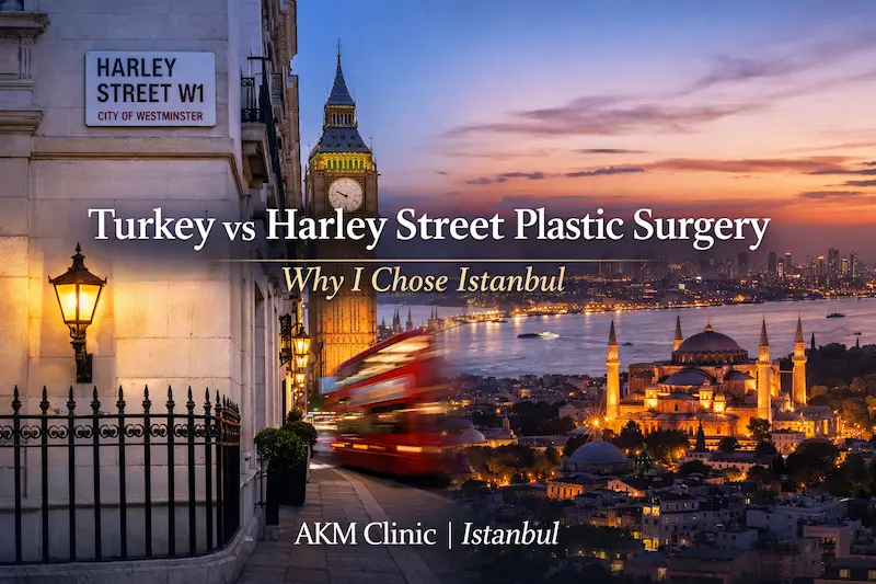 Turkey vs Harley Street Plastic Surgery cover image showing Harley Street London and Istanbul skyline at sunset