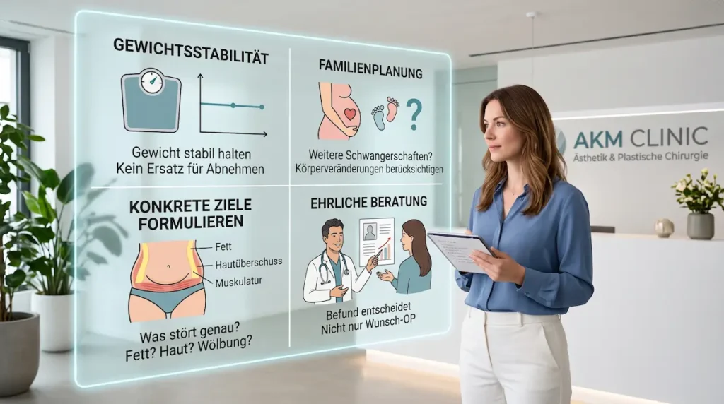 Bauchdeckenstraffung oder Fettabsaugung: Vor der Entscheidung sollten Gewicht, Familienplanung, Ziele und Befund geprüft werden.