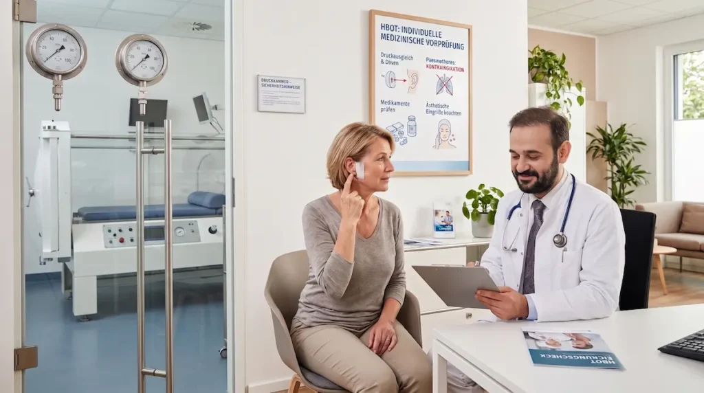 Hyperbare Sauerstofftherapie Vorteile: Ärztliche Vorprüfung klärt Risiken, Druckausgleich und individuelle Eignung für HBOT.