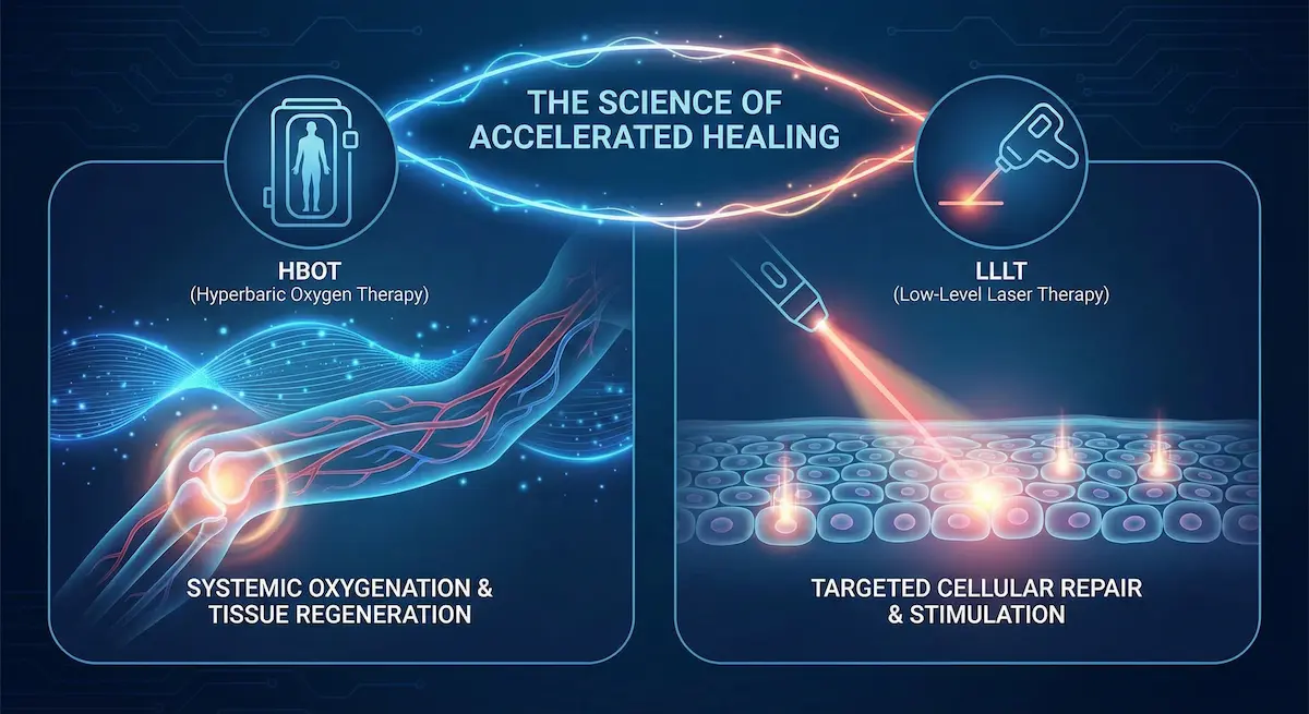 Graphic explaining HBOT and LLLT with icons and text describing systemic oxygenation and targeted cellular repair.