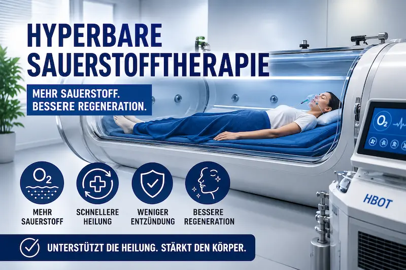 Hyperbare Sauerstofftherapie Vorteile: Patientin liegt vollständig in einer HBOT-Druckkammer zur postoperativen Regeneration.