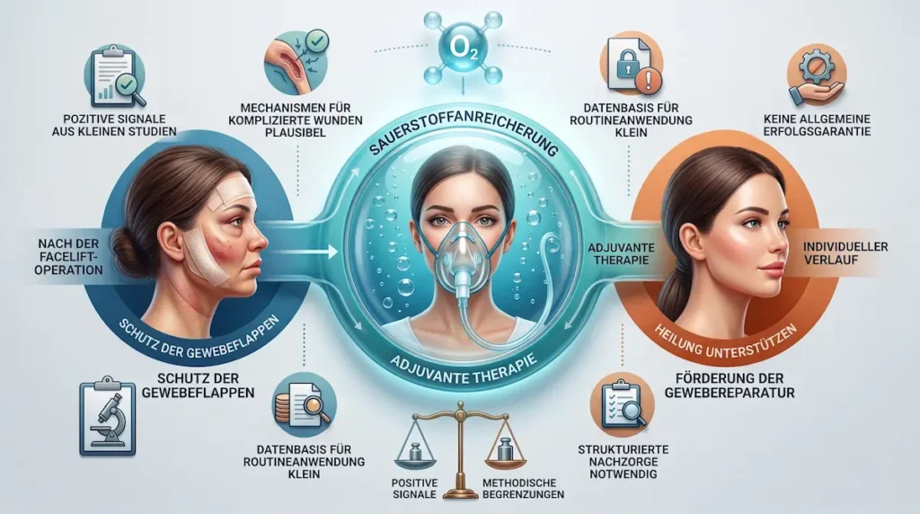Facelift Heilung beschleunigen HBOT: Infografik zur Studienlage, Gewebereparatur und den Grenzen der Sauerstofftherapie.