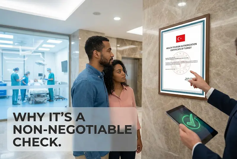 Health Tourism Authorization Certificate Of Turkey displayed on clinic wall as staff explains why it’s a non-negotiable check