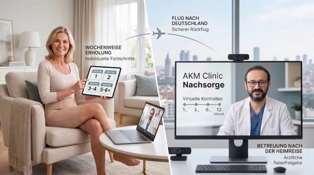 Bauchdeckenstraffung Heilung Tipps: Wochenplan mit Erholungsphasen, Rückflug nach Deutschland und virtueller Nachsorge.
