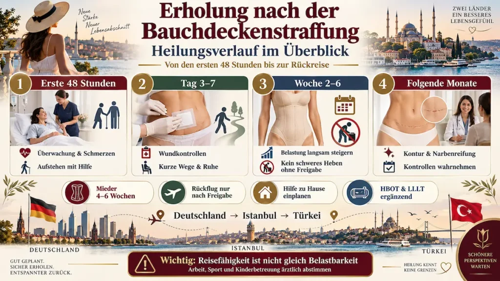 Bauchdeckenstraffung Türkei: Infografik zum Heilungsverlauf von den ersten 48 Stunden bis zu Kontrollen und Rückreise.