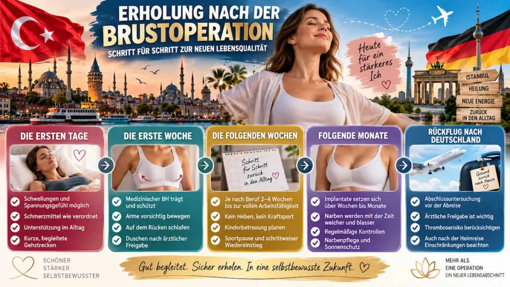 Infografik zur Erholung und zum Heilungsverlauf nach einer Bruststraffung mit Implantaten mit den wichtigsten Genesungsphasen.