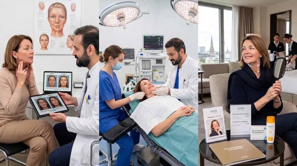 Awake Facelift Vorher Nachher: Beratung, Eingriff und betreute Erholung als drei Schritte zum individuellen Ergebnis.