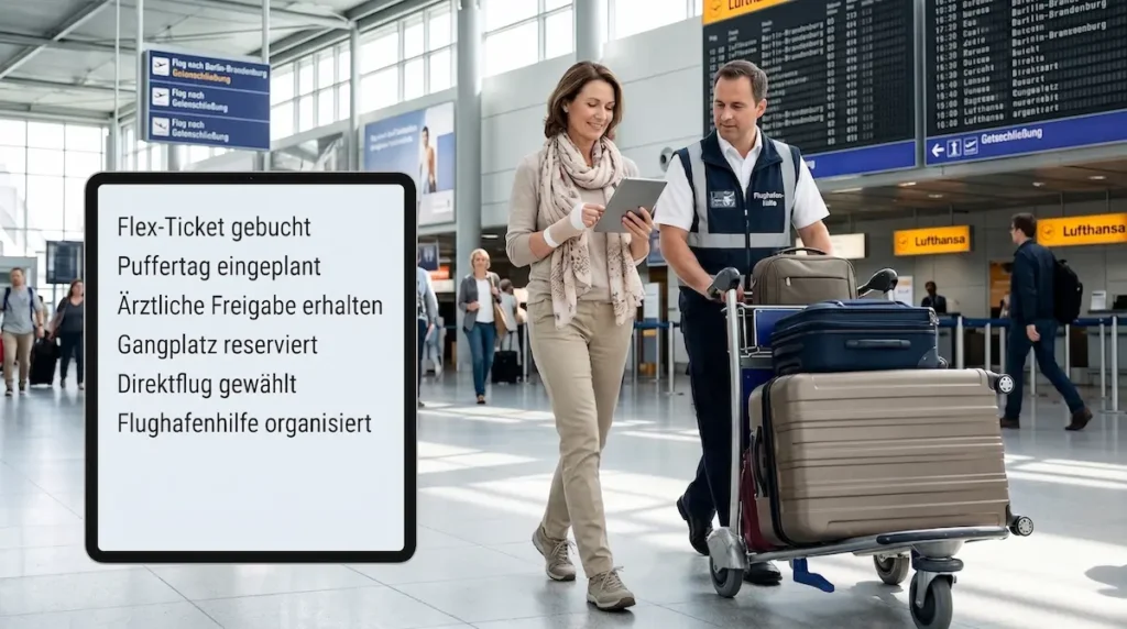 Fliegen nach Operation: Patientin plant am Flughafen mit Flex-Ticket, Puffertag, Direktflug, Gangplatz und ärztlicher Freigabe.