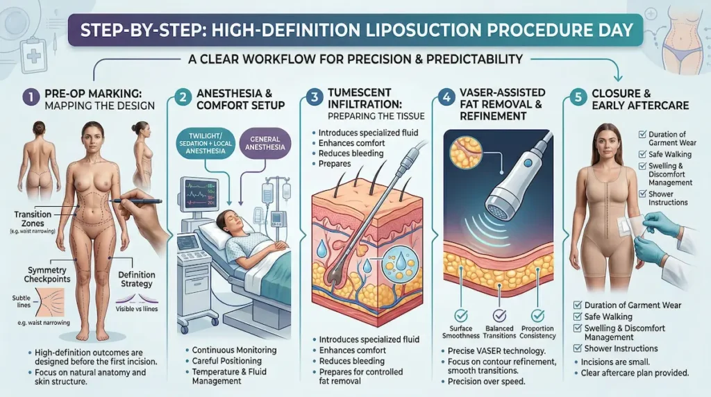 High-def liposuction procedure step by step infographic showing vaser high-def liposuction workflow from pre-op marking to anesthesia, tumescent infiltration, contour refinement, and aftercare.