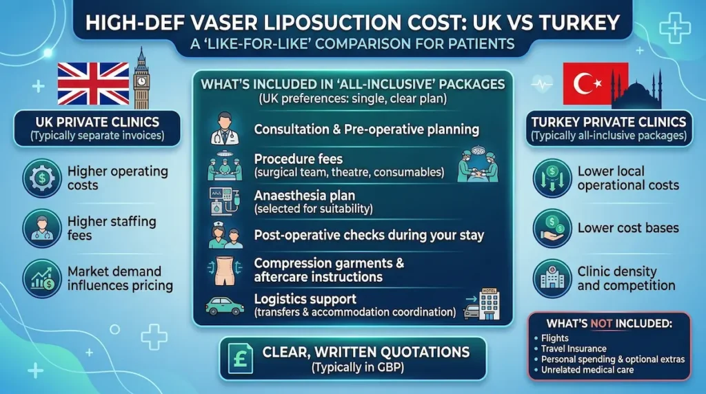 High Def Vaser Liposuction cost infographic comparing UK private clinics vs Turkey all-inclusive packages and what’s included.